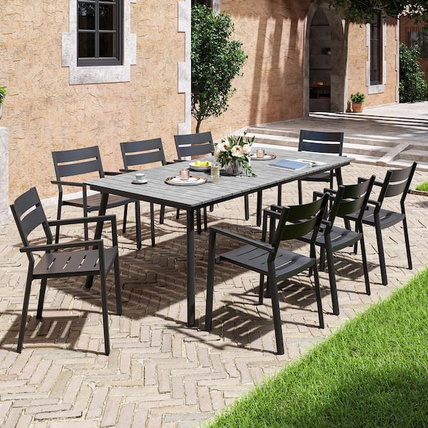 Pellebant 82.5 in. Gray Aluminum Wood-Like Outdoor Dining Set with Umbrella Hole and Black Stackable Armchairs (9 Pieces)