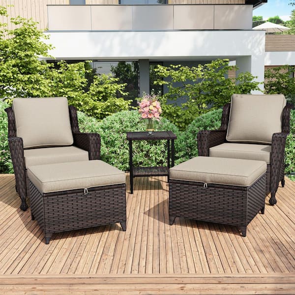 Brown 5-Piece Wicker Patio Conversation Seating Set with Blue Cushions