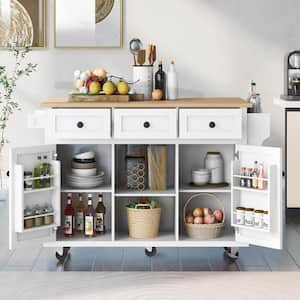 White Kitchen Cart with Drawers;Drop Leaf;Locking Casters;Shelf;Spice Rack;Wheels