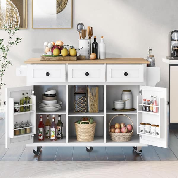 ANTFURN White Kitchen Cart with Drawers;Drop Leaf;Locking Casters;Shelf;Spice Rack;Wheels