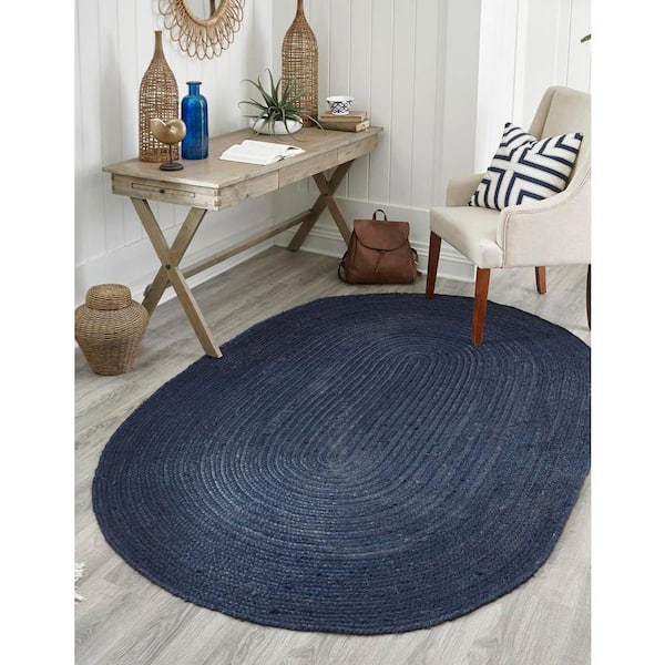 Braided Jute Dhaka Navy Blue 5' 1 x 8' 0 Area Rug