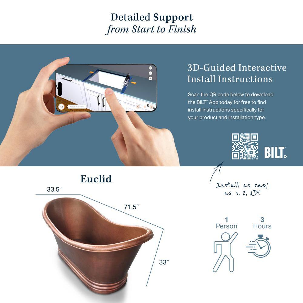 Euclid 71.5" Antique Copper Freestanding Double Slipper Bathtub