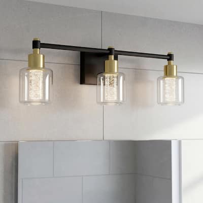 Champagne Globe 26 in. 3 Light Black & Gold Modern Integrated LED 5 CCT Vanity Light Bar for Bathroom with Bubble Glass