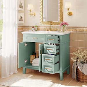 36 in. W x 18 in. D x 35 in. H Single Sink Freestanding Bath Vanity in Green with White Resin Top and Storage Cabinet