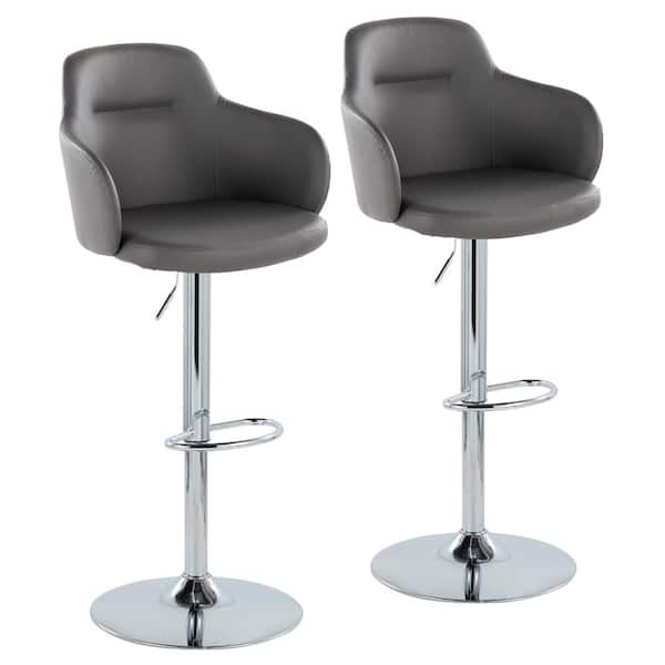 Lumisource Boyne 45 in. Grey Faux Leather and Chrome Metal Adjustable Bar Stool with Oval Footrest (Set of 2)