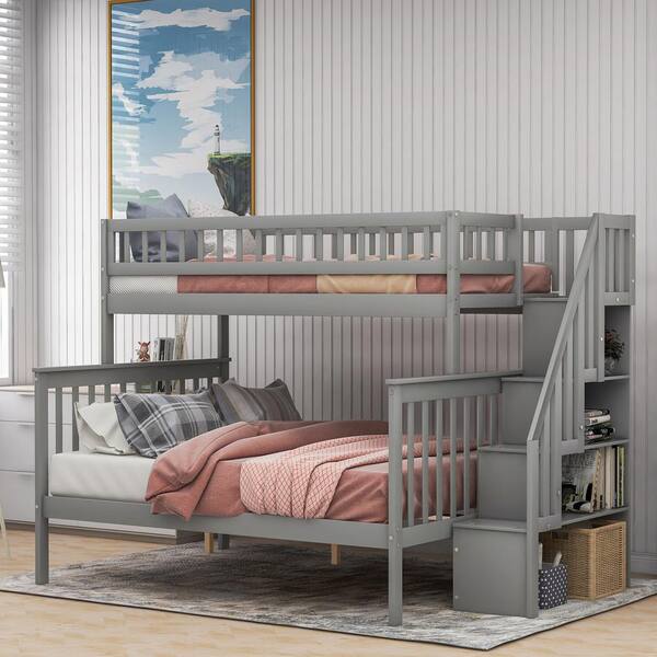 gray twin over full bunk bed with stairs