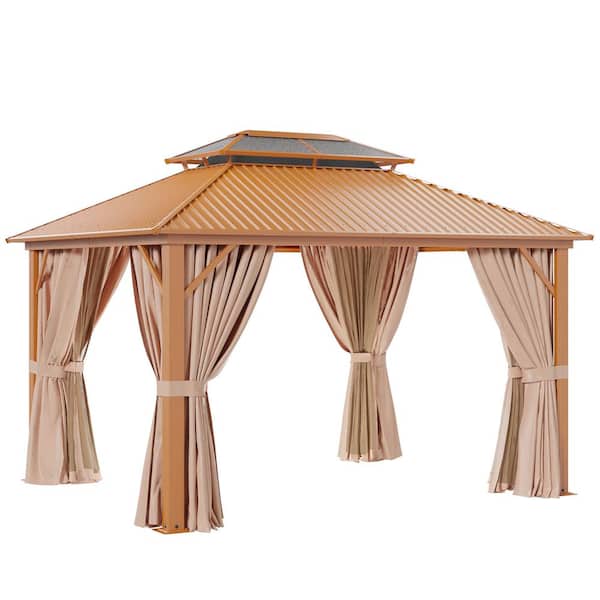 Sizzim 12 ft. W x 10 ft. D Outdoor Orange Aluminum Polycarbonate Double Roof Hardtop Gazebo with Hook, Curtains and Netting
