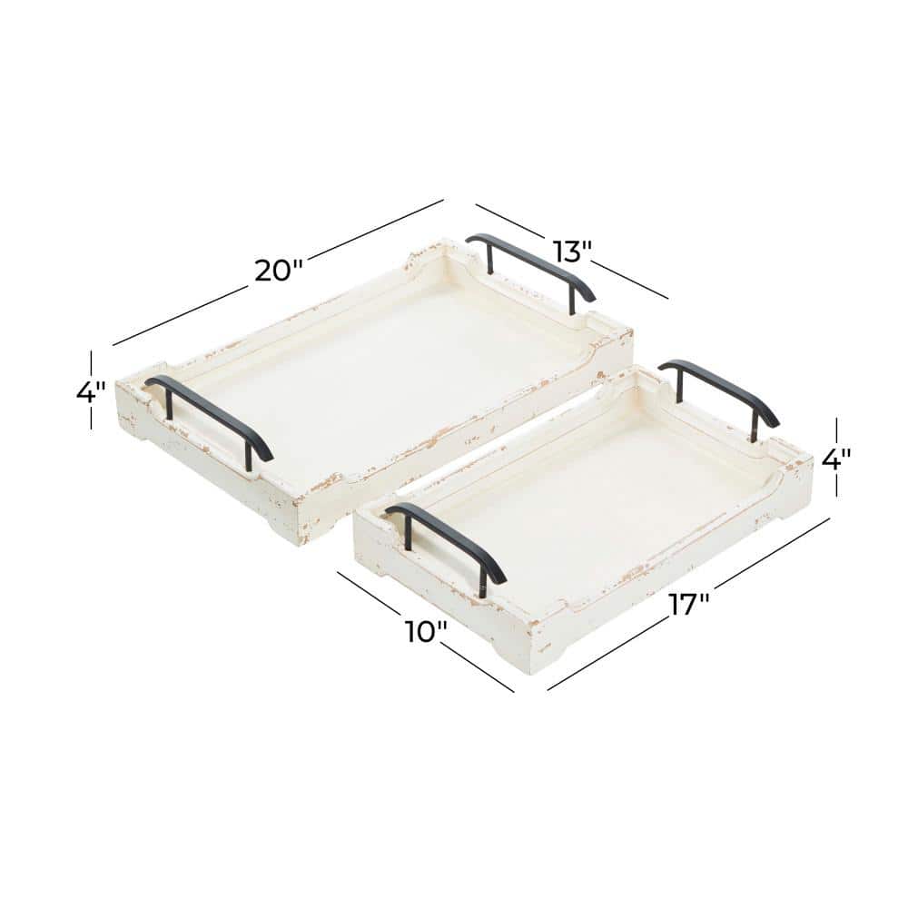 White Distressed Pine Wood Decorative Trays with Metal Handles, Set of 2