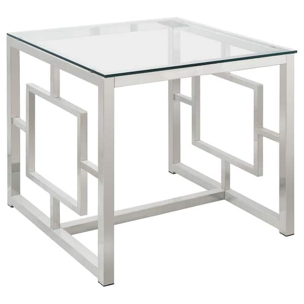 Coaster Nickel and Clear Cairns End Table with Glass Top and Geometric Motif