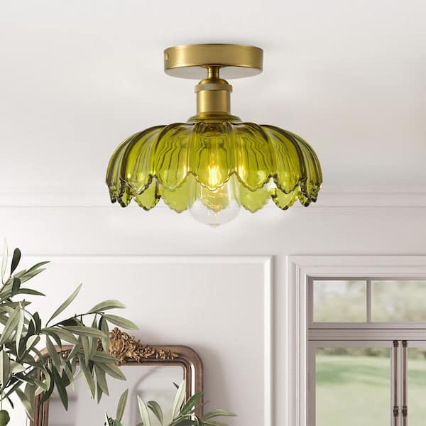 9.84 in. 1-Light Vintage Brushed Brass Round Semi-Flush Mount For Foyer with Flower Olive Green Glass Shade