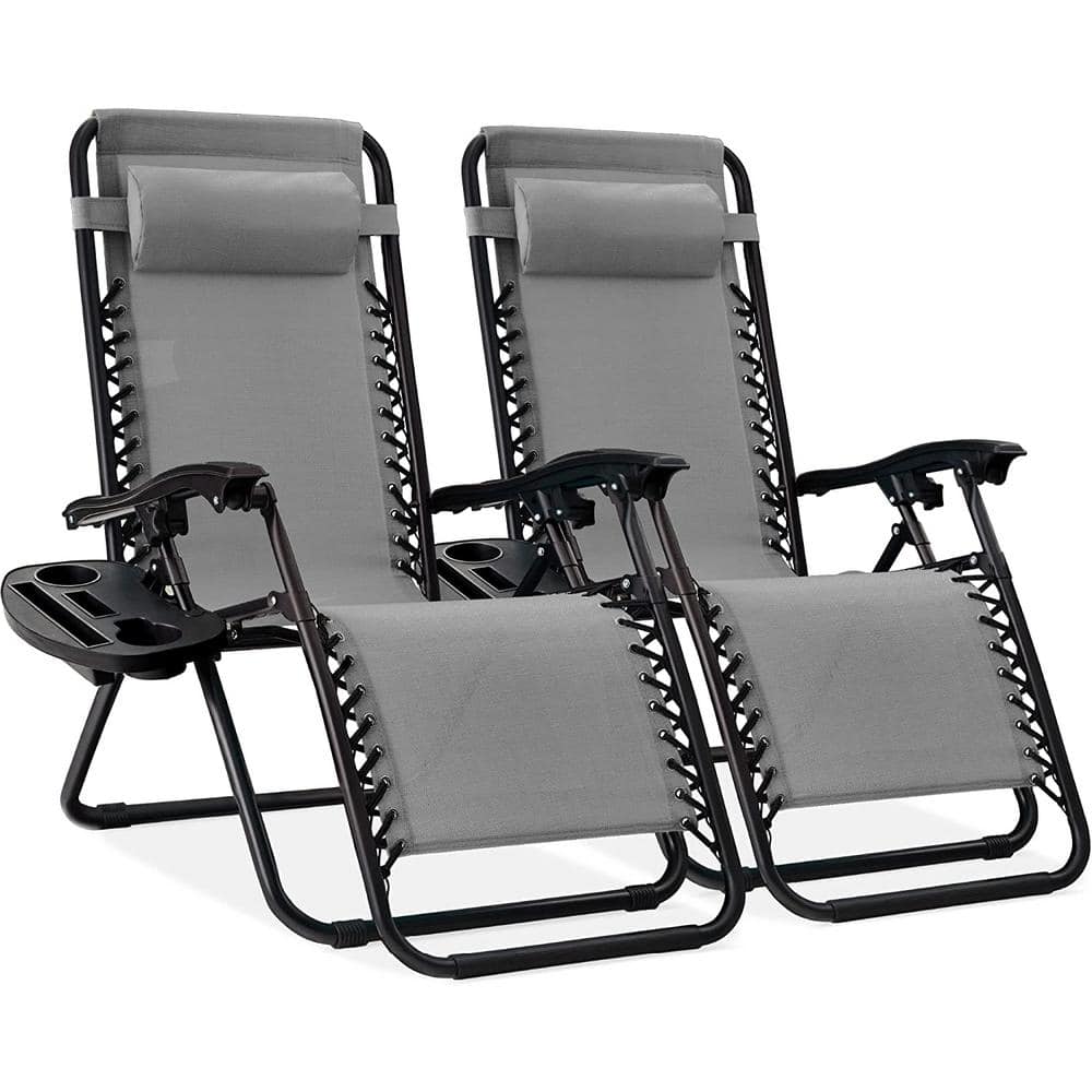 Set of 2 Adjustable Steel Mesh Zero Gravity Lounge Chair Reclinerswith Pill