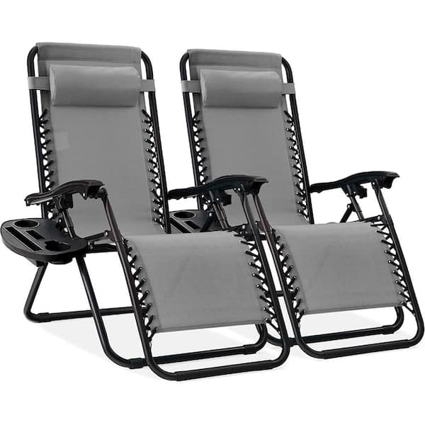 Unbranded Set of 2 Adjustable Steel Mesh Zero Gravity Lounge Chair Reclinerswith Pillows and Cup Holder Trays - Ice Gray