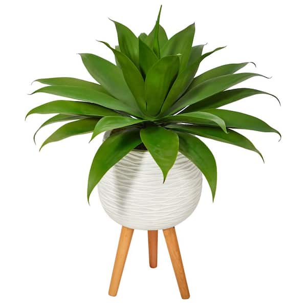 Nearly Natural 33 in. Agave Succulent Artificial Plant in White Planter with Stand