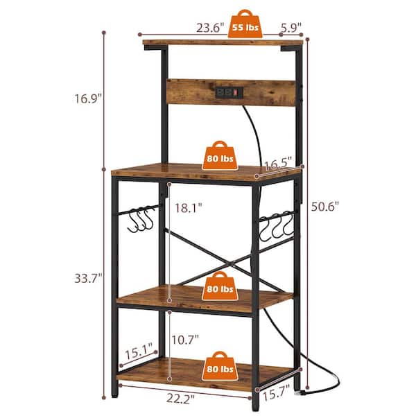 22 in. 4-Tier Kitchen Bakers Rack Standing with Power Outlet and 6 S-shaped Hooks for Spices, Pot Rack, Brown