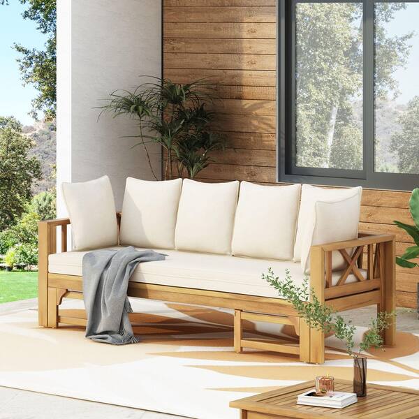 Coporesell 1-Piece Wood Outdoor Couch with Beige Cushions