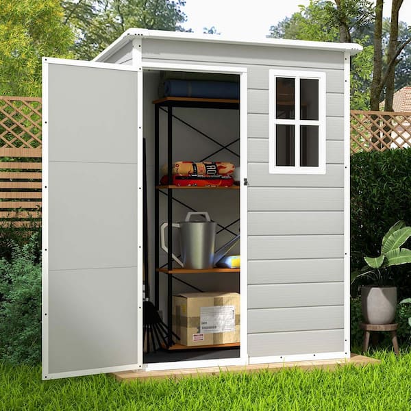 Patio 5ft Wx3ft. L Garden Shed, Metal Lean-To Storage Shed with Lockable Door, Tool Cabinet for Backyard, Lawn, Garden, Gray, Size: 63.8