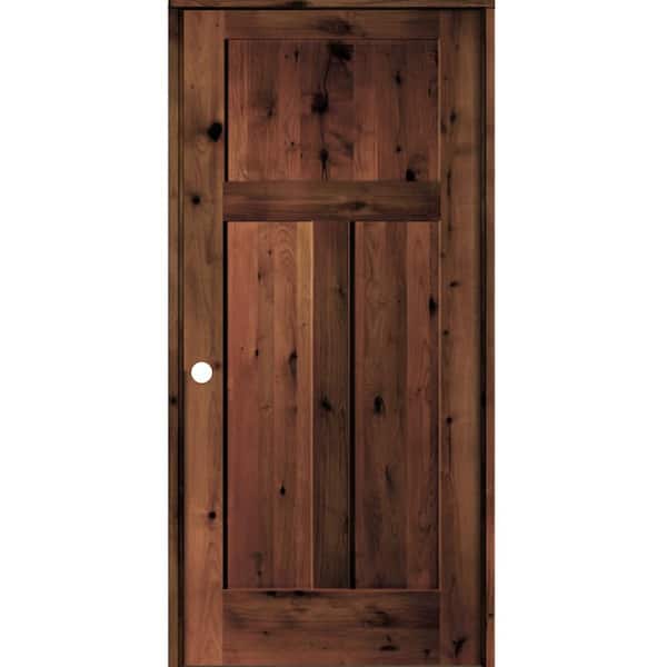 Krosswood Doors 32 in. x 80 in. Craftsman Knotty Alder 3-Panel Right-Handed Red Mahogany Stain Solid Wood Single Prehung Interior Door