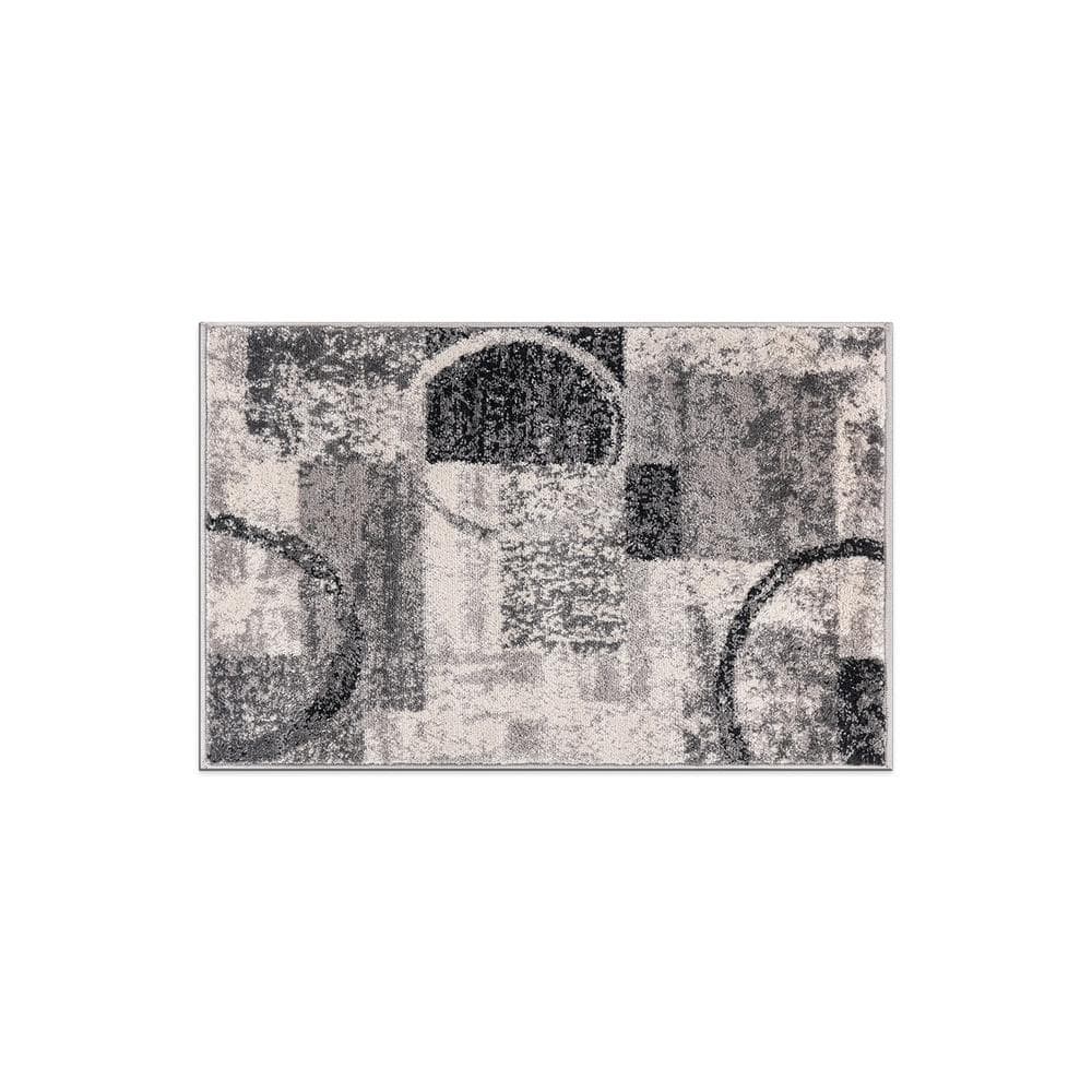Cream and Gray Abstract Circle Design Area Rug 2' x 3'