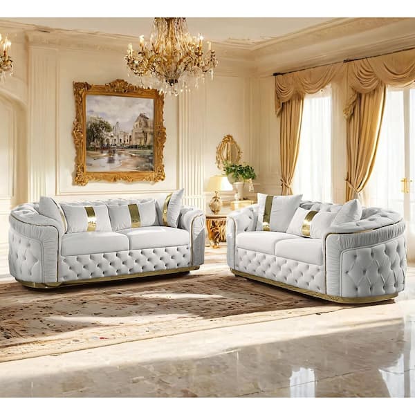 Vanison 2-Piece Beige and Gold Acceny Fabric Sofa Set with Button Tufting and Slope Curved Arm