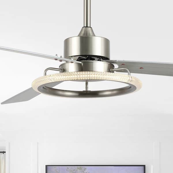 JONATHAN Y Remy 52 in. 1-Light Indoor Iron/Acrylic/Wood Remote-Controlled 6-Speed Integrated LED Ceiling Fan, Silver/Ashwood