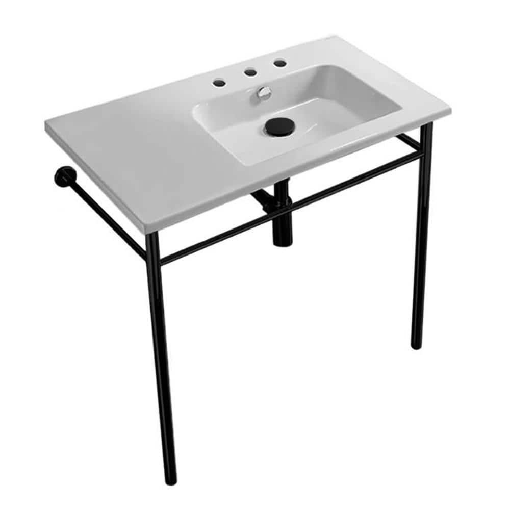 Nameeks Etra Ceramic Console Sink Basin and Leg Combo with 3 Faucet Holes and Matte Black Stand