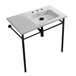 Etra Ceramic Console Sink Basin and Leg Combo with 3 Faucet Holes and Matte Black Stand