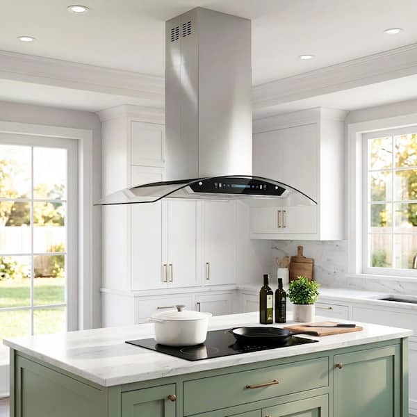 30 in. 900 CFM Ducted Island Range Hood in Stainless Steel with Tempered Glass, LED Lights and Gesture Control