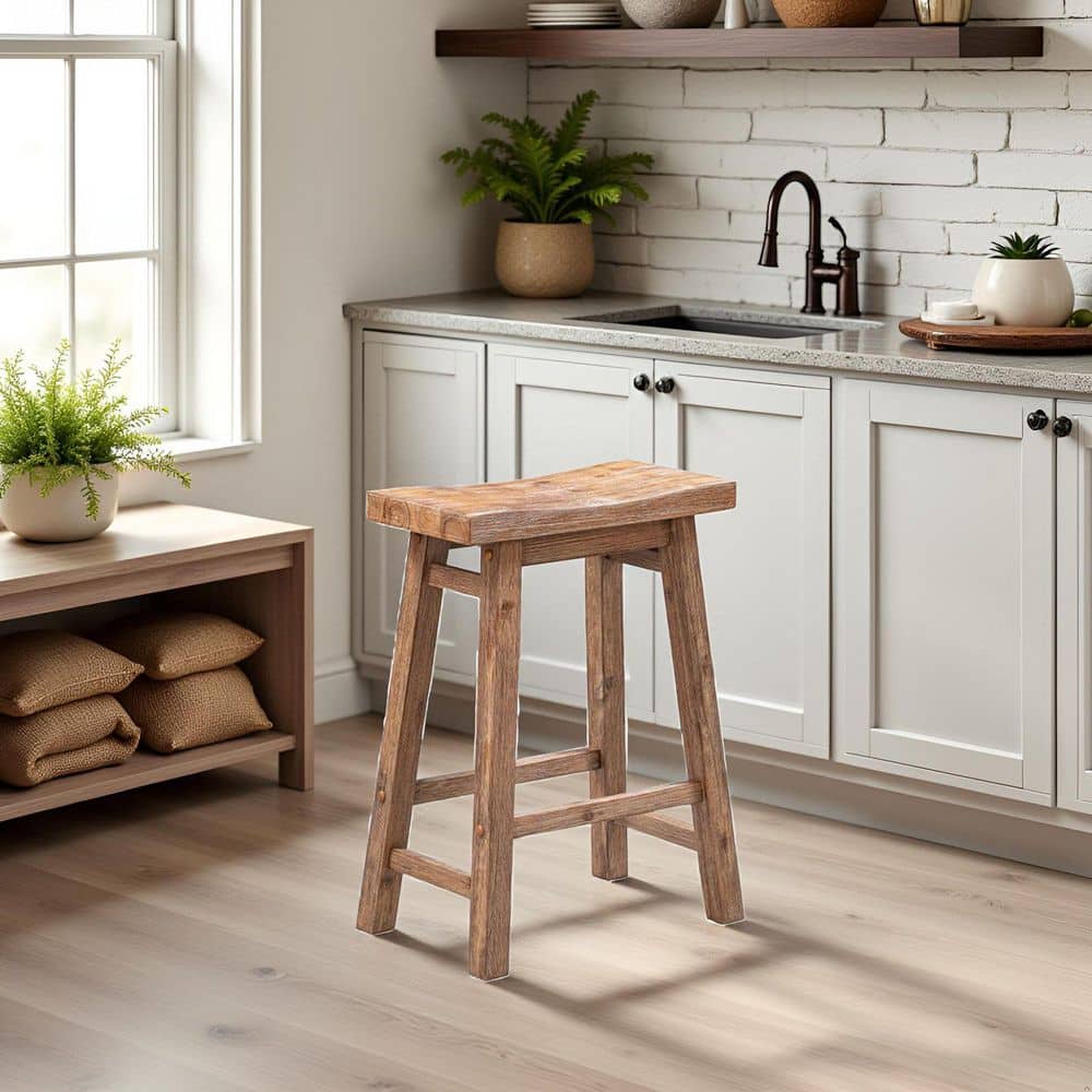 Boraam Sonoma 24 in. Barnwood Wire-Brush Backless Saddle Stool