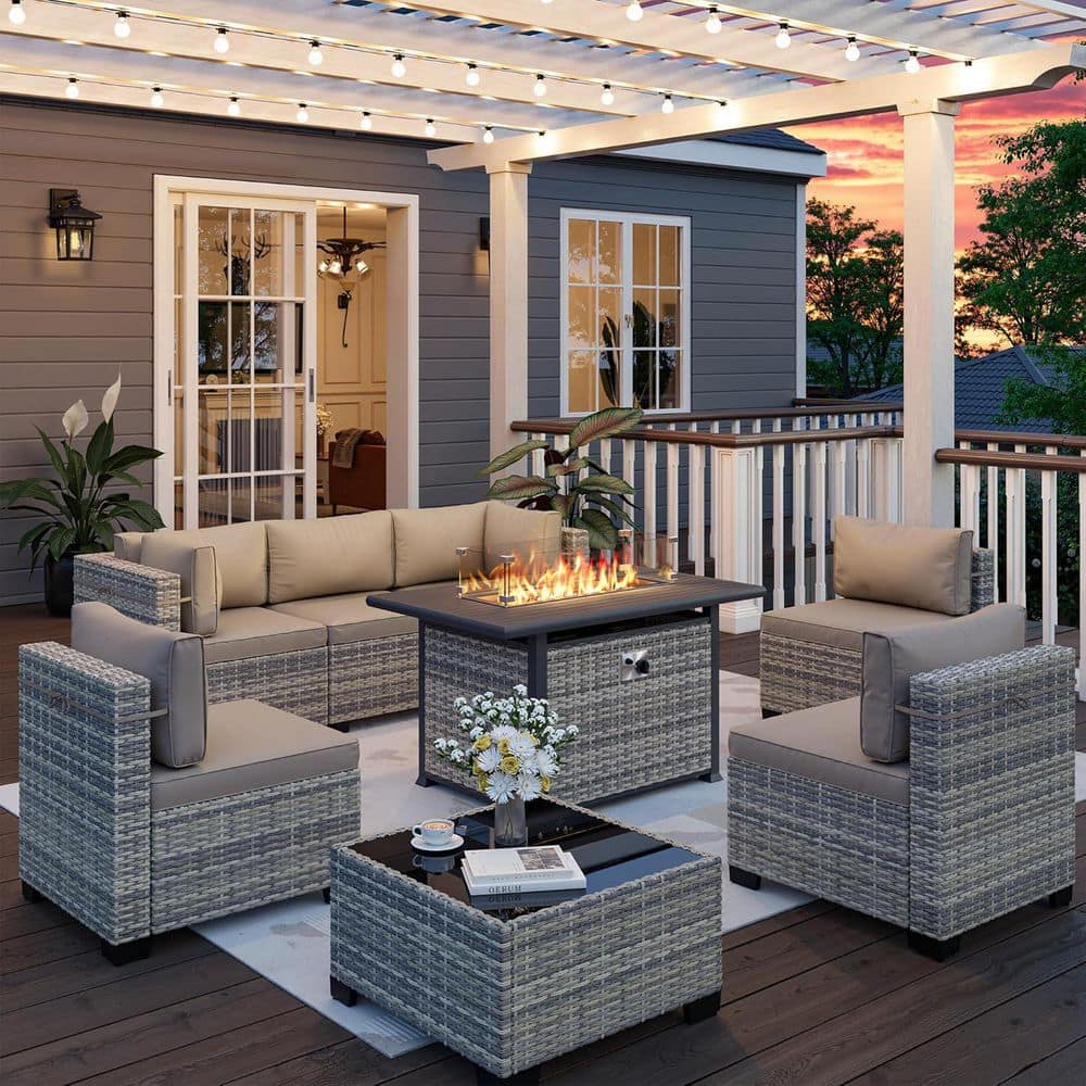 8-Piece Wicker Patio Conversation Set with 55,000 BTU Fire Pit Table and Glass Top Table with Beige Cushions price history on PriceWatchPro