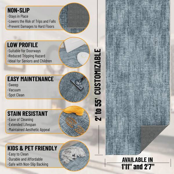 Ascend Non-Slip Rubberback 2 ft. x 50 ft. Indoor Custom Cut Extra Long Runner Rug 1 ft. 11 in. x 51 ft., Blue
