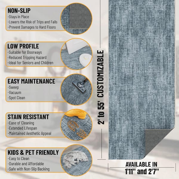 Ascend Non-Slip Rubberback 3 ft.x9 ft. Indoor Custom Cut Runner Rug 2 ft. 7 in. x 9 ft., Blue