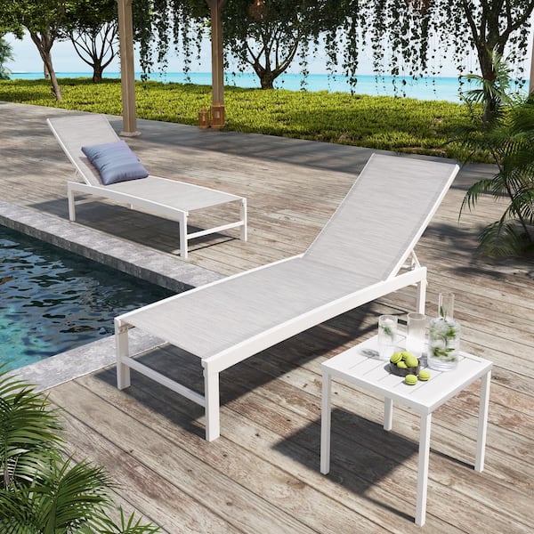 3-Piece Adjustable Aluminum Outdoor Chaise Lounge in White Gray with Aluminum Table Set