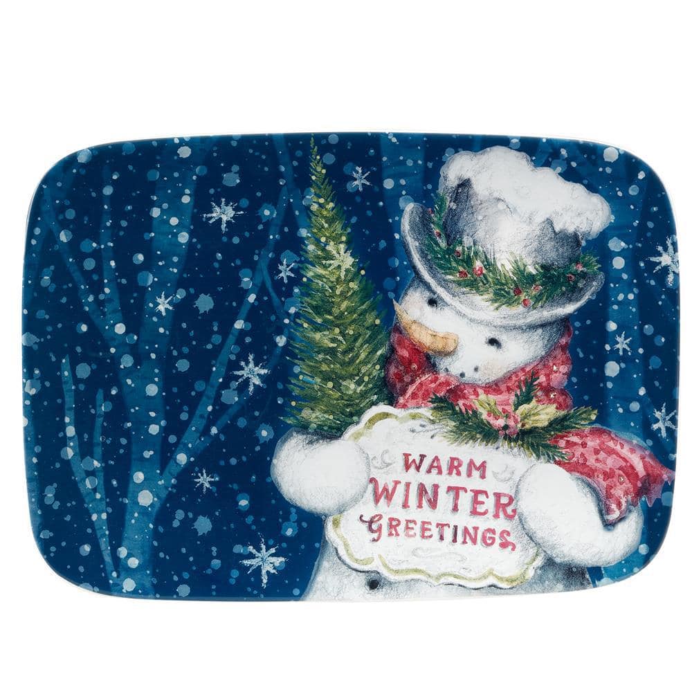  10 in. Multi-Colored Earthenware Snowman Greetings Rectangular Platter