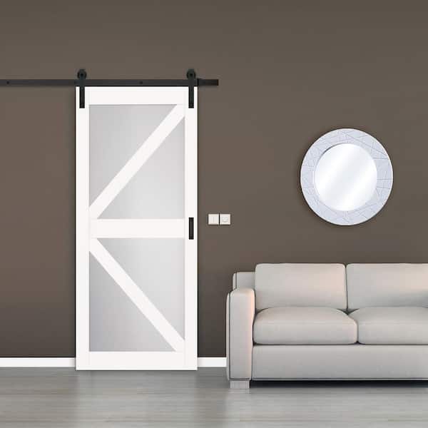 36 in. x 84 in. Bright White MDF Frosted Glass K Design Sliding Barn Door with Rustic Hardware Kit