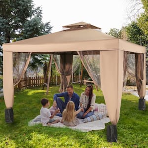 10 ft. x 10 ft. Brown Outdoor Canopy Gazebo Pop Up Gazebo with Netting and Four Sandbags for Patio and Lawn