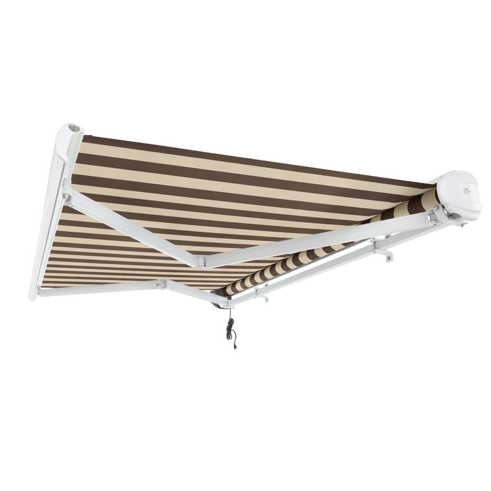 Brown and Tan Stripe Motorized Patio Retractable Awning with White Frame