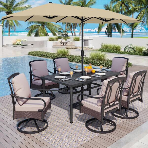 PHI VILLA 8-Piece Metal Outdoor Dining Set with Beige Cushions and ...