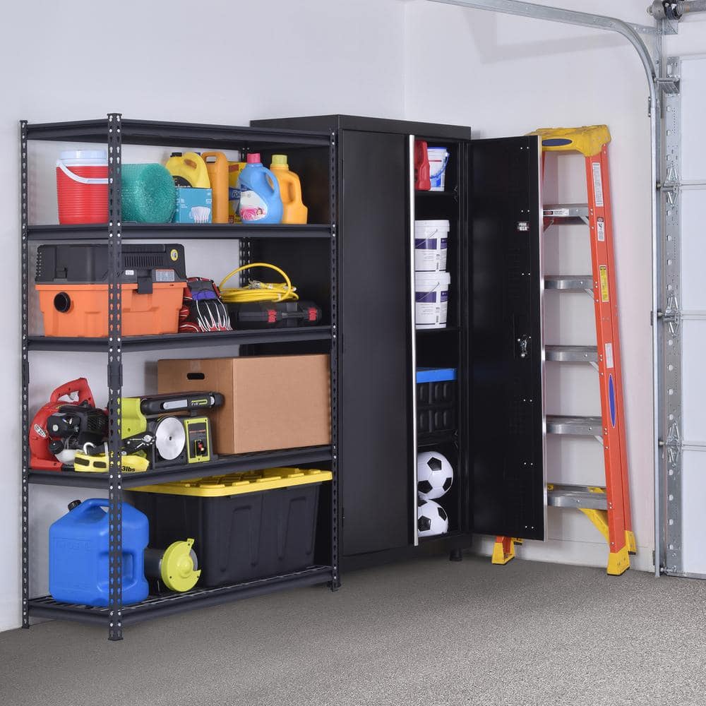 Black Freestanding Lockable Steel Storage Cabinet with Adjustable Shelving