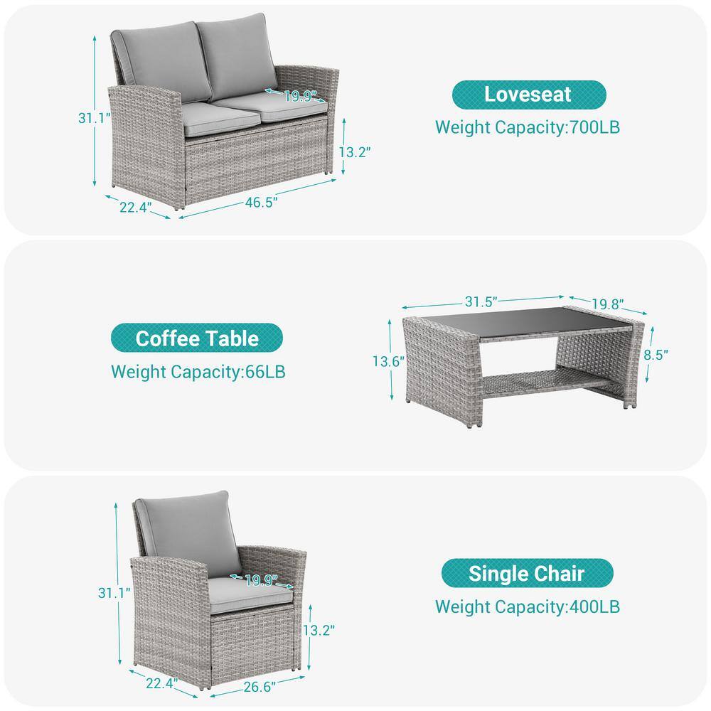 Dimension diagrams for the loveseat, coffee table, and single chair.