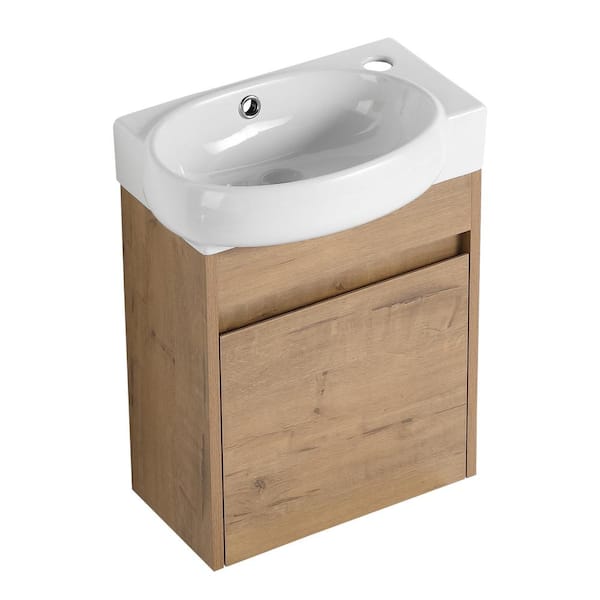JimsMaison 17 in. W x 12 in. D x 21 Single Sink Wall Mounted Bath Vanity in Imitative Oak with Gloss White Ceramic Top