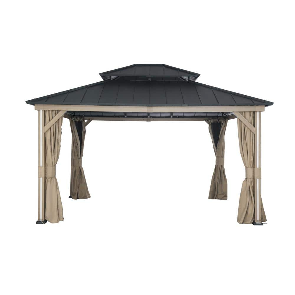 Lifesmart Four Seasons 12 ft. x 14 ft. Wood Looking Hard Top Gazebo with LED Lighting