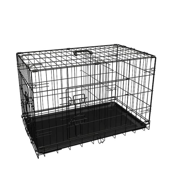 42 in. Large Dog Cage with Divider and Plastic Leak-Proof Pan Tray, Double Door Folding Metal Wire Cage