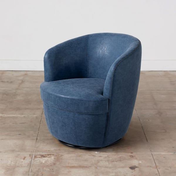 Navy PU Leather Swivel Barrel Arm Chair with Metal Base (Set of 1)