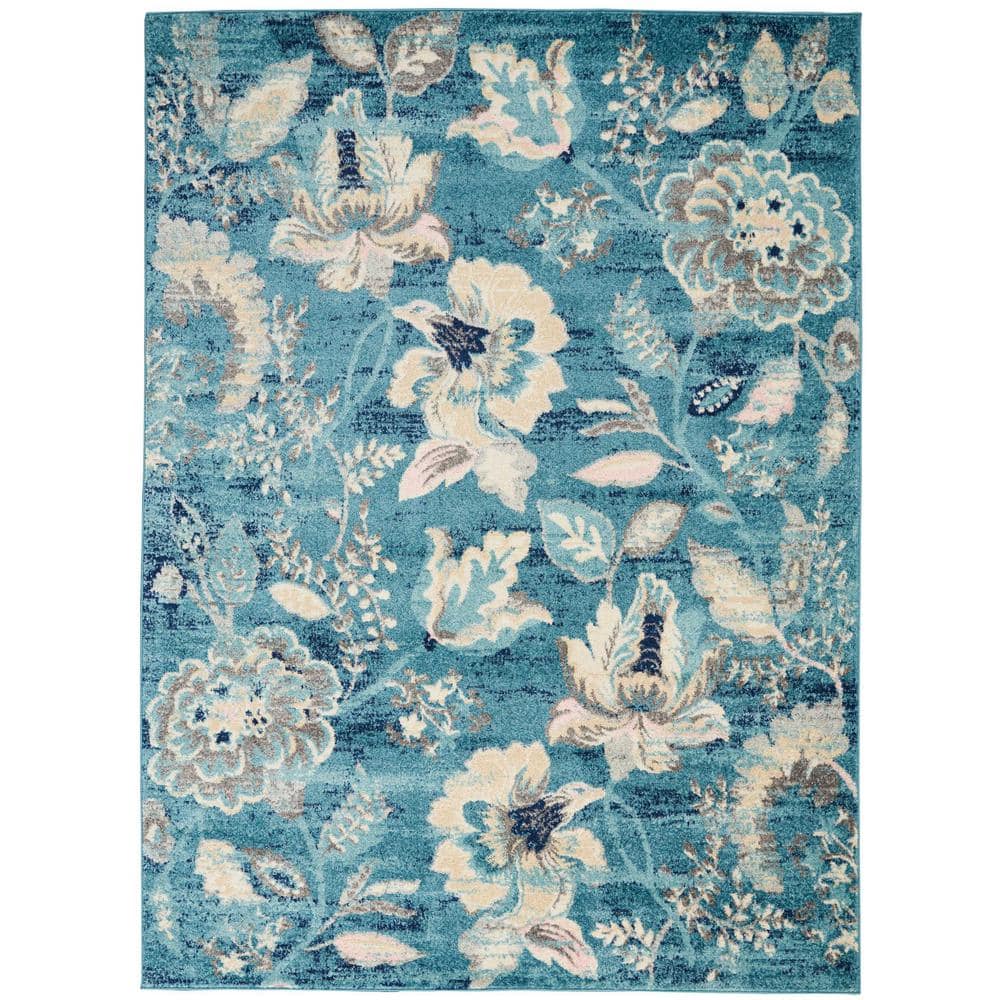 Turquoise Floral Synthetic 6' x 9' Rectangular Area Rug