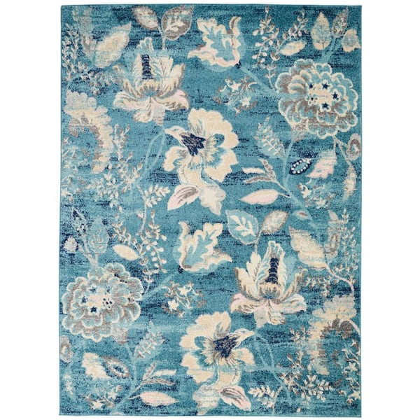 Nourison Tranquil Turquoise 6 ft. x 9 ft. Floral Modern Area Rug