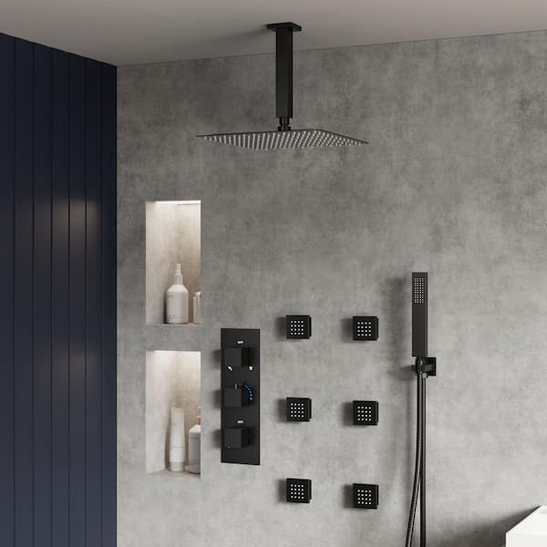 Rainspire 5-Spray 12 in. Ceiling Mount Square High Pressure Shower System with 6-Jets in Matte Black (Valve Included)