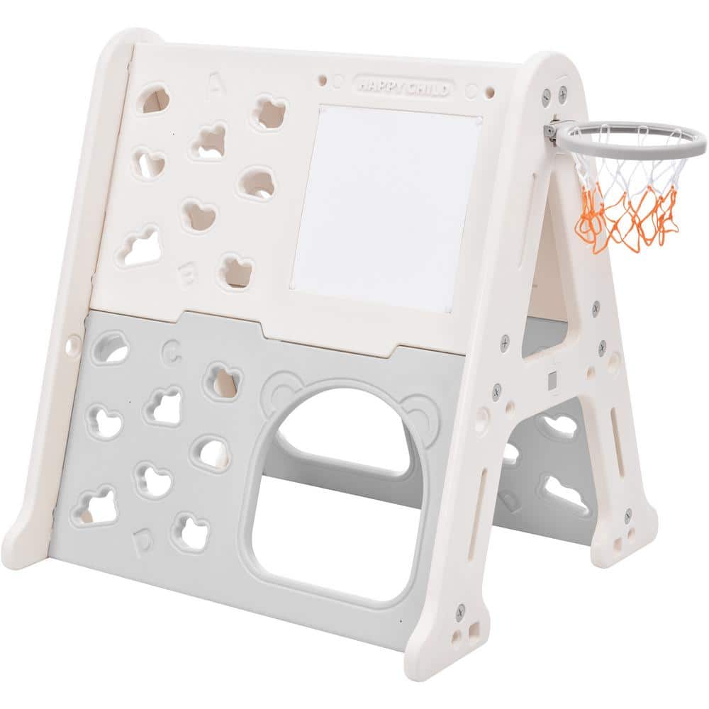 Gray 5-in-1 Toddler Climber Basketball Hoop Set Kids Climber Freestanding P