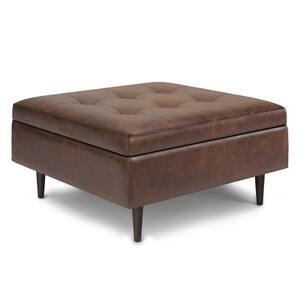 Shay 38 in. D x 38 in. W x 18.5 in. H Distressed Chestnut Brown Mid Century Large Square Coffee Table Storage Ottoman