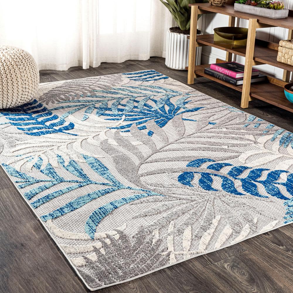 Gray and Blue Synthetic Palm Leaves 3' x 5' Area Rug