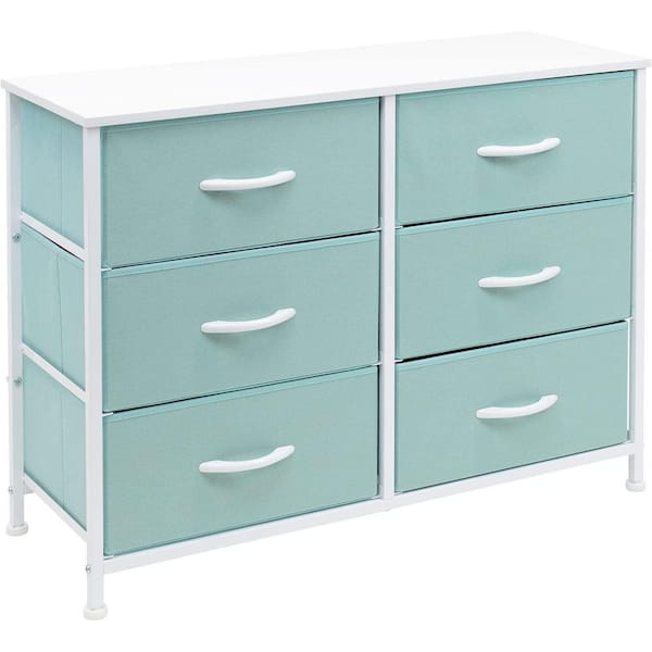 Sorbus 11.75 in. L x 31.5 in. W x 24.62 in. H 6-Drawer Aqua Dresser Steel Frame Wood Top Easy Pull Fabric Bins